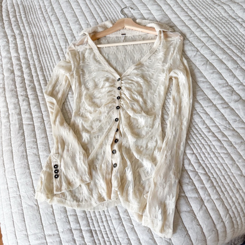 NWOT Free People Floral Sheer Button-Up Blouse - Picture 4 of 5
